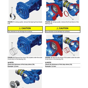 May include: Diagram of a blue mechanical component disassembly process. The image includes numbered steps with text instructions, caution warnings, and notes on checking shim thickness in millimeters. The title "DISASSEMBLY" is at the top.