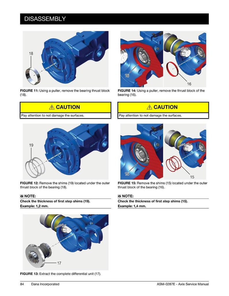 May include: Diagram of a blue mechanical component disassembly process. The image includes numbered steps with text instructions, caution warnings, and notes on checking shim thickness in millimeters. The title "DISASSEMBLY" is at the top.