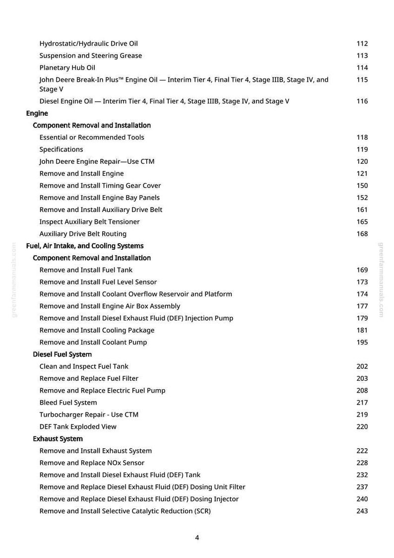Pu&ograve; includere: Una pagina di manuale con un sommario per la riparazione e la manutenzione del motore. Gli argomenti includono olio motore, rimozione dei componenti, sistemi di alimentazione e sistemi di scarico. I numeri di pagina sono a destra.