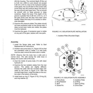 May include: Technical diagrams from a hydraulic component repair manual. The images show an isolation plate installation and an isolation plate assembly. The text includes instructions for inspection and assembly of parts, with measurements in inches.