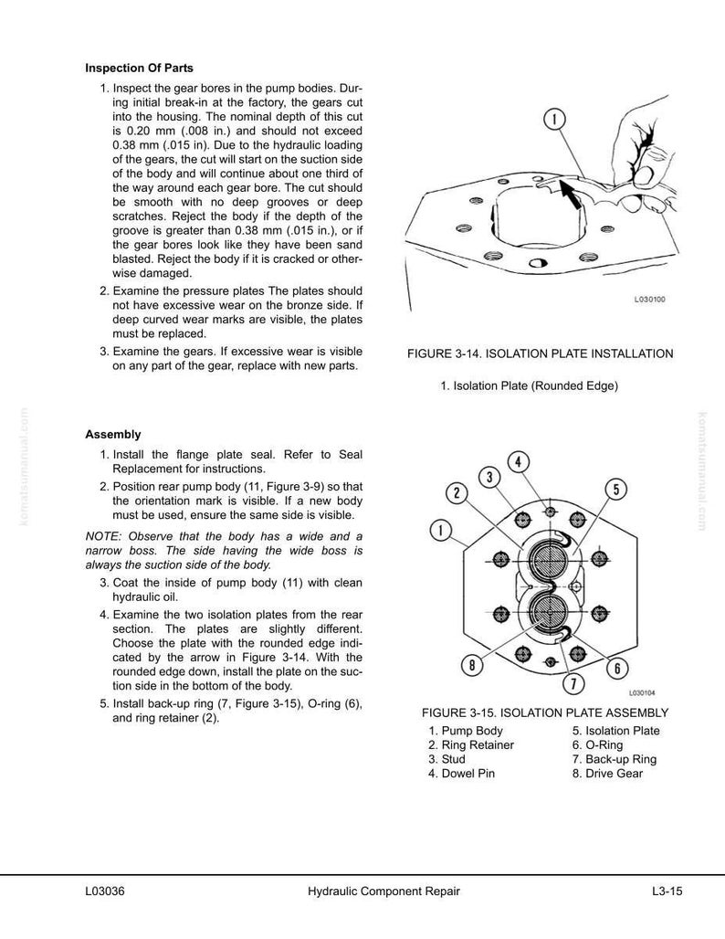 May include: Technical diagrams from a hydraulic component repair manual. The images show an isolation plate installation and an isolation plate assembly. The text includes instructions for inspection and assembly of parts, with measurements in inches.