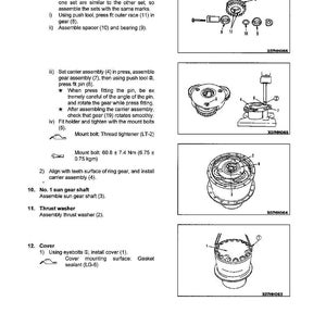 May include: Technical diagram showing the disassembly and assembly of a final drive. The image features labelled parts, diagrams, and instructions for components like carrier assembly, sun gear shaft, and thrust washer. Includes measurements in Nm and kgm.