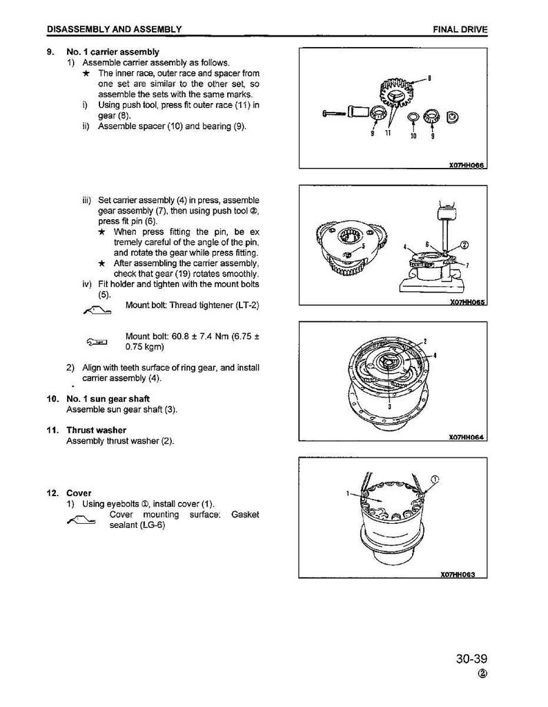 May include: Technical diagram showing the disassembly and assembly of a final drive. The image features labelled parts, diagrams, and instructions for components like carrier assembly, sun gear shaft, and thrust washer. Includes measurements in Nm and kgm.