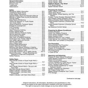 May include: A detailed table of contents from an equipment manual, listing safety, operation, and maintenance topics. Includes sections on safety signs, fire prevention, and attaching/detaching components. Page numbers are provided for each section.