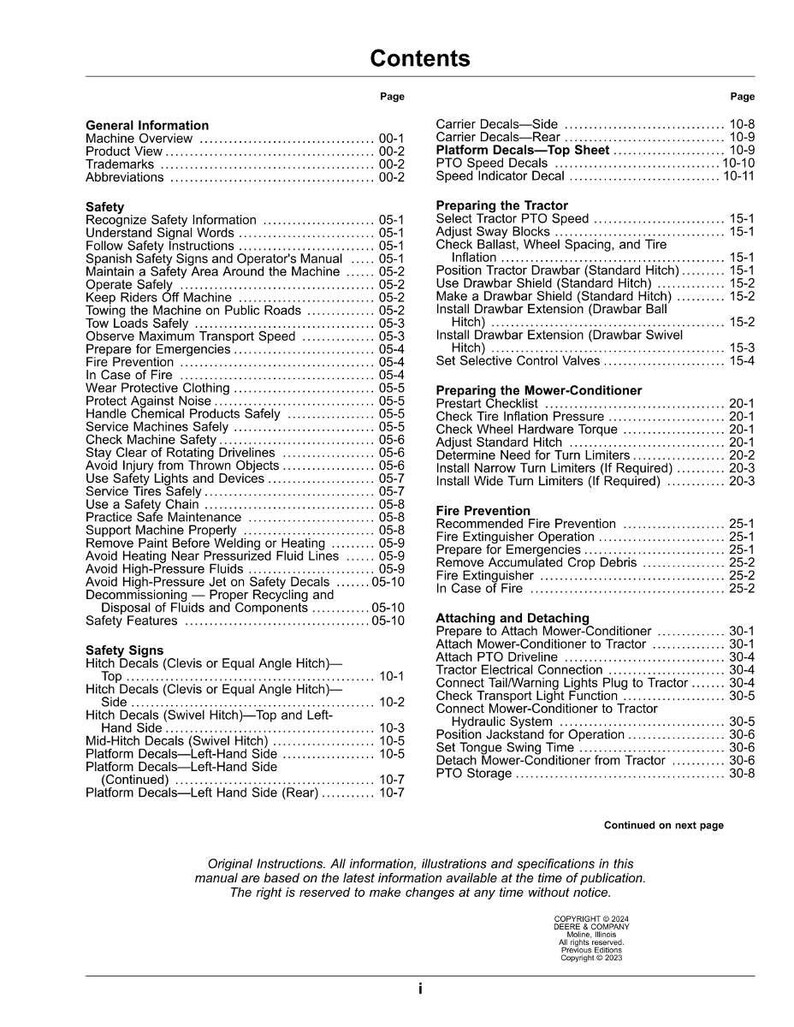 May include: A detailed table of contents from an equipment manual, listing safety, operation, and maintenance topics. Includes sections on safety signs, fire prevention, and attaching/detaching components. Page numbers are provided for each section.