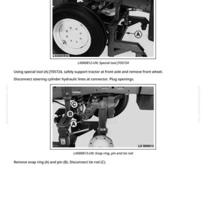 Pode incluir: Diagrama que ilustra a remo&ccedil;&atilde;o de um cilindro de dire&ccedil;&atilde;o de um trator. A imagem mostra a roda dianteira, os componentes da dire&ccedil;&atilde;o e instru&ccedil;&otilde;es para desconectar pe&ccedil;as. O texto inclui "Removing the Steering Cylinder" e n&uacute;meros de pe&ccedil;a.
