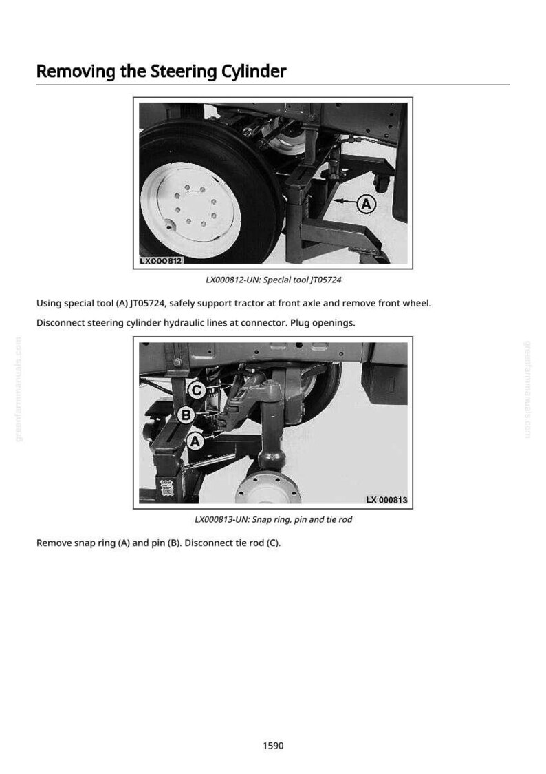 Pode incluir: Diagrama que ilustra a remo&ccedil;&atilde;o de um cilindro de dire&ccedil;&atilde;o de um trator. A imagem mostra a roda dianteira, os componentes da dire&ccedil;&atilde;o e instru&ccedil;&otilde;es para desconectar pe&ccedil;as. O texto inclui "Removing the Steering Cylinder" e n&uacute;meros de pe&ccedil;a.