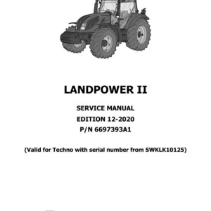 May include: A grayscale image of a Landini Landpower II tractor. The image also includes the text "SERVICE MANUAL EDITION 12-2020 P/N 6697393A1" and the Landini logo. The tractor is a heavy-duty vehicle.