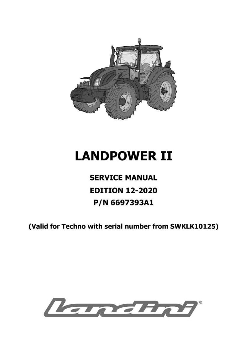 May include: A grayscale image of a Landini Landpower II tractor. The image also includes the text "SERVICE MANUAL EDITION 12-2020 P/N 6697393A1" and the Landini logo. The tractor is a heavy-duty vehicle.