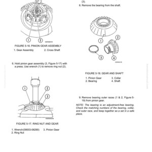 May include: Technical diagram of a pinion gear assembly, cross shaft, and ring nut with labels. Includes figures 5-16, 5-17, and 5-18, detailing gear assembly, gear and shaft components, and removal instructions.