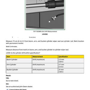 May include: Diagram of a mechanical component with measurements. The image includes a measurement of 6 inches (15 cm) and a table detailing drift measurements for boom, arm, and bucket cylinders, with specifications in inches and millimeters.