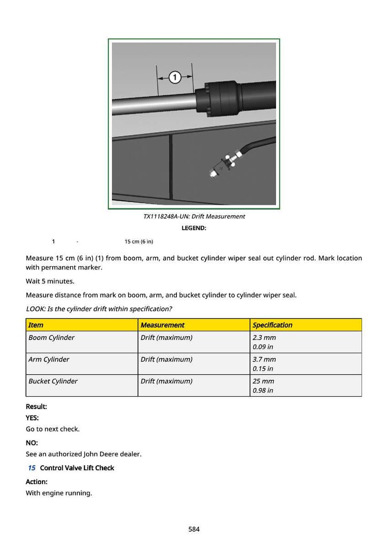 May include: Diagram of a mechanical component with measurements. The image includes a measurement of 6 inches (15 cm) and a table detailing drift measurements for boom, arm, and bucket cylinders, with specifications in inches and millimeters.