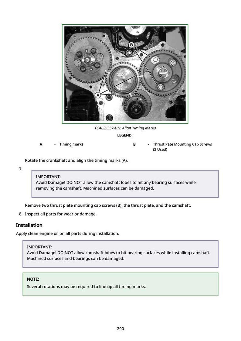 K&ouml;nnte beinhalten: Technische Zeichnung von Motorkomponenten mit Zahnr&auml;dern und Markierungen A und B. Anweisungen umfassen das Ausrichten der Markierungen, das Entfernen von Schrauben und die Inspektion von Teilen. Das Bild ist eine technische Illustration.