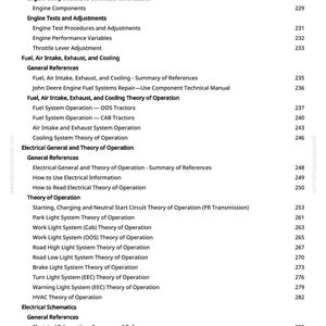 May include: A page from a manual with a table of contents. The text includes topics like "Engine Theory of Operation", "Fuel, Air Intake, Exhaust, and Cooling", and "Electrical Schematics". Page numbers are listed on the right side.