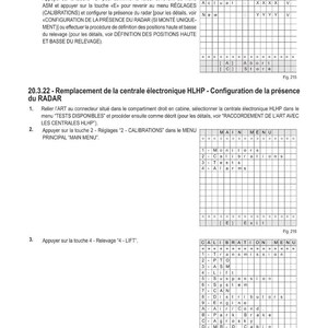 Op de afbeelding: Een technisch document met Franse tekst en diagrammen over elektronische diagnoses en kalibratie-instellingen. Het document bevat tabellen en instructies voor verschillende systeeminstellingen, met de nadruk op radarconfiguratie.