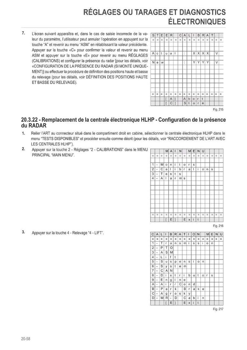 Op de afbeelding: Een technisch document met Franse tekst en diagrammen over elektronische diagnoses en kalibratie-instellingen. Het document bevat tabellen en instructies voor verschillende systeeminstellingen, met de nadruk op radarconfiguratie.