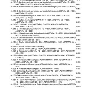 May include: A detailed table of contents in German, titled "INHALT," lists various components and their corresponding page numbers. The document covers topics like couplings, instruments, lighting, and electrical components for AGROFARM models.
