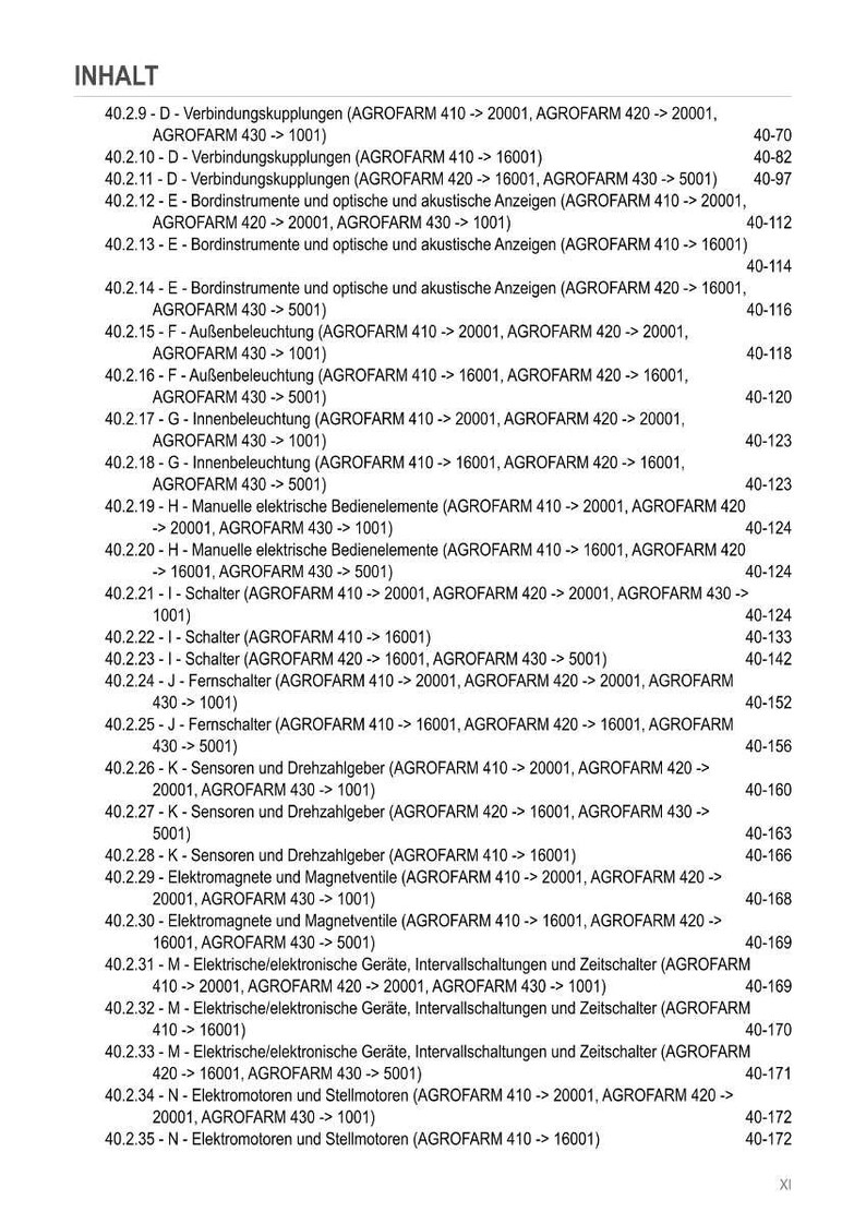 May include: A detailed table of contents in German, titled "INHALT," lists various components and their corresponding page numbers. The document covers topics like couplings, instruments, lighting, and electrical components for AGROFARM models.