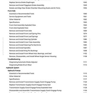 K&ouml;nnte beinhalten: Eine Seite aus einem Handbuch mit einer Liste von Kfz-Reparaturverfahren, einschlie&szlig;lich der Wartung von Bremsen und Hydrauliksystemen. Der Text ist schwarz auf wei&szlig;em Hintergrund, mit Abschnitts&uuml;berschriften und Seitenzahlen.