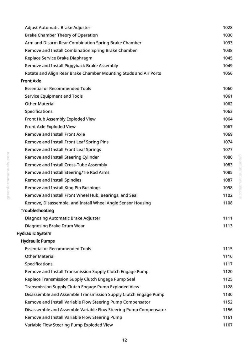 K&ouml;nnte beinhalten: Eine Seite aus einem Handbuch mit einer Liste von Kfz-Reparaturverfahren, einschlie&szlig;lich der Wartung von Bremsen und Hydrauliksystemen. Der Text ist schwarz auf wei&szlig;em Hintergrund, mit Abschnitts&uuml;berschriften und Seitenzahlen.