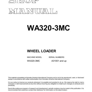May include: A white shop manual cover with the text "SHOP MANUAL" in a bold, outlined font. The title "WA320-3MC" is prominently displayed, along with "WHEEL LOADER." Includes machine model and serial number information.