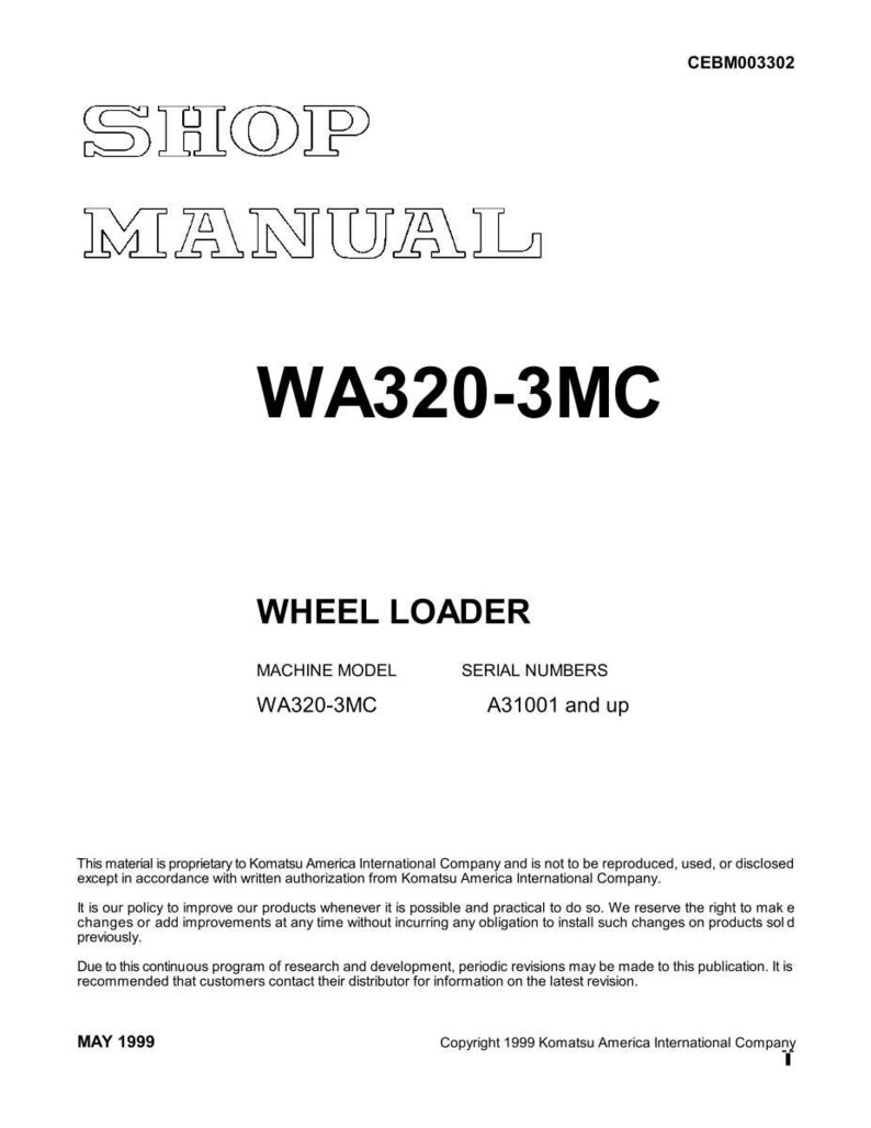 May include: A white shop manual cover with the text "SHOP MANUAL" in a bold, outlined font. The title "WA320-3MC" is prominently displayed, along with "WHEEL LOADER." Includes machine model and serial number information.
