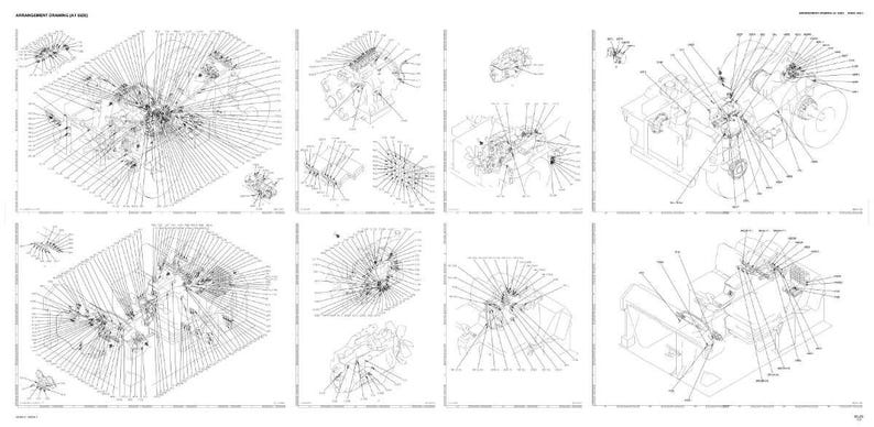Peut inclure: Un sch&eacute;ma technique d&eacute;taill&eacute; en noir et blanc, repr&eacute;sentant divers composants m&eacute;caniques, probablement pour la r&eacute;paration automobile ou de machines. Le sch&eacute;ma comprend plusieurs vues avec de nombreuses pi&egrave;ces &eacute;tiquet&eacute;es et des lignes de connexion.