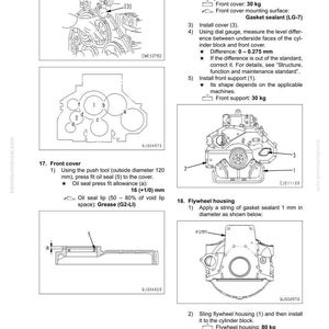 May include: Diagram of engine disassembly and assembly instructions. Includes illustrations of front cover, flywheel housing, and other engine components with measurements in millimeters and kilograms. Text includes instructions and specifications.