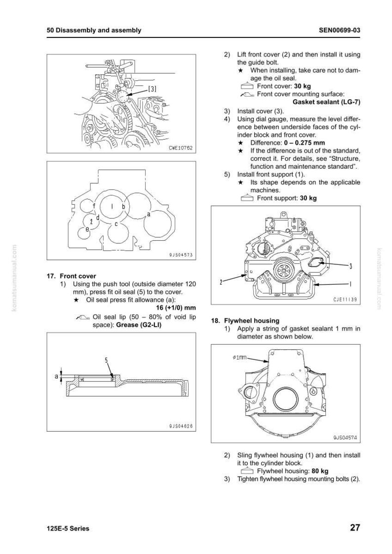 May include: Diagram of engine disassembly and assembly instructions. Includes illustrations of front cover, flywheel housing, and other engine components with measurements in millimeters and kilograms. Text includes instructions and specifications.