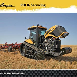 May include: A yellow and black Challenger tractor with its hood open, displaying the engine. The tractor is in a field with a blue sky. The text "PDI & Servicing" is at the top.