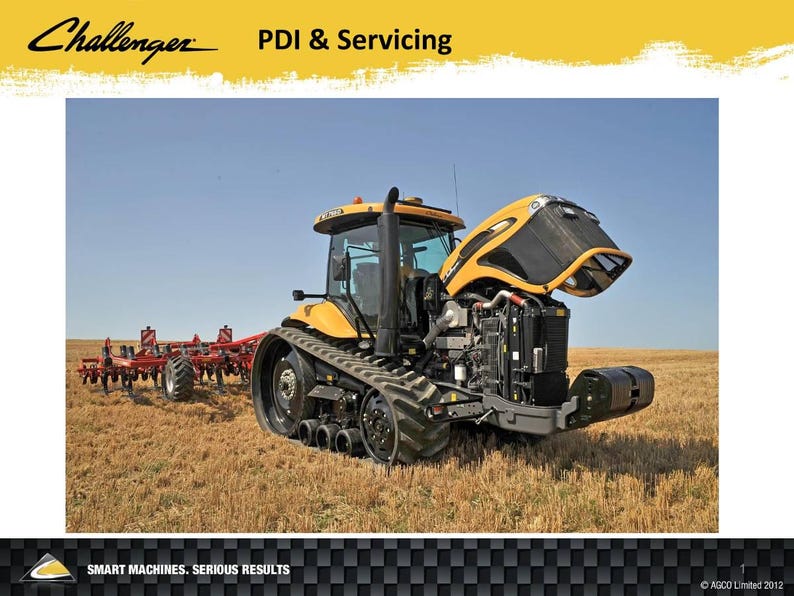 May include: A yellow and black Challenger tractor with its hood open, displaying the engine. The tractor is in a field with a blue sky. The text "PDI & Servicing" is at the top.