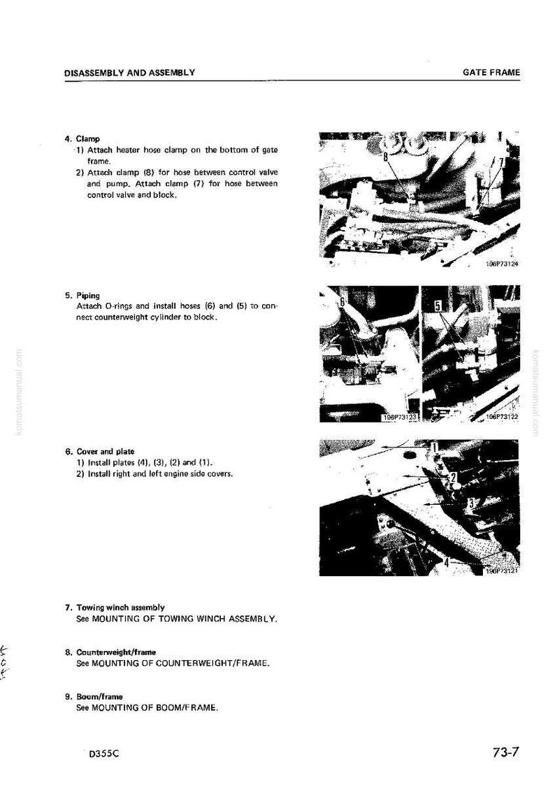 K&ouml;nnte beinhalten: Eine Seite aus einem Handbuch mit dem Titel &bdquo;Demontage und Montage&ldquo; mit Diagrammen und Anweisungen f&uuml;r einen Torrahmen. Die Seite enth&auml;lt nummerierte Schritte f&uuml;r das Klemmen, Verlegen von Rohren, die Installation von Abdeckungen und Platten sowie Verweise auf andere Baugruppen.