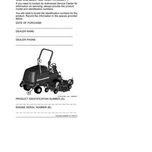 May include: A product identification page for a Wide Area Mower 1600 Turbo PIN (500001-). The page includes spaces to record the date of purchase, dealer name, and dealer phone. A diagram of the mower is also included.