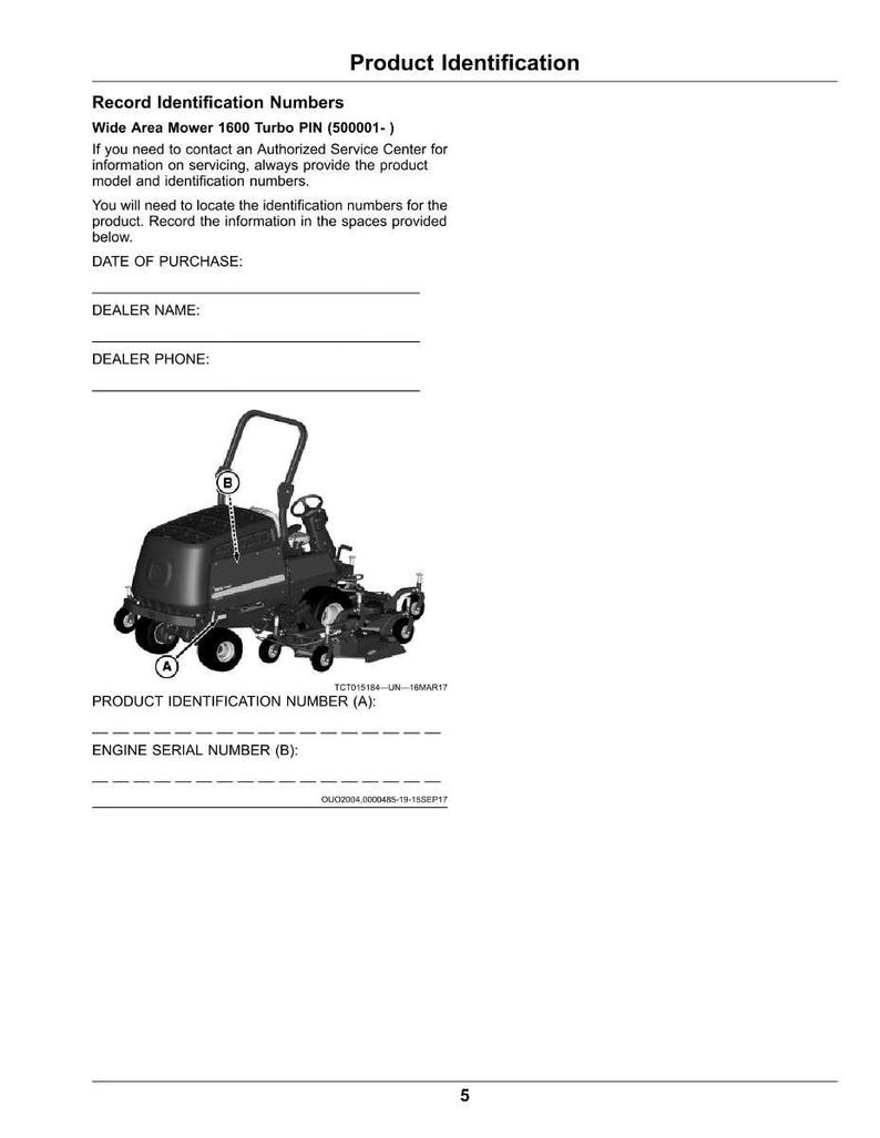 May include: A product identification page for a Wide Area Mower 1600 Turbo PIN (500001-). The page includes spaces to record the date of purchase, dealer name, and dealer phone. A diagram of the mower is also included.