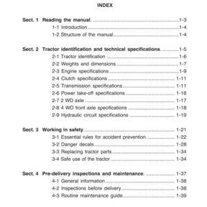 May include: A page from a manual with the title "INTRODUCTION" and "CHAP.1 INDEX". The table of contents includes sections on reading the manual, tractor identification, working in safety, and pre-delivery inspections.