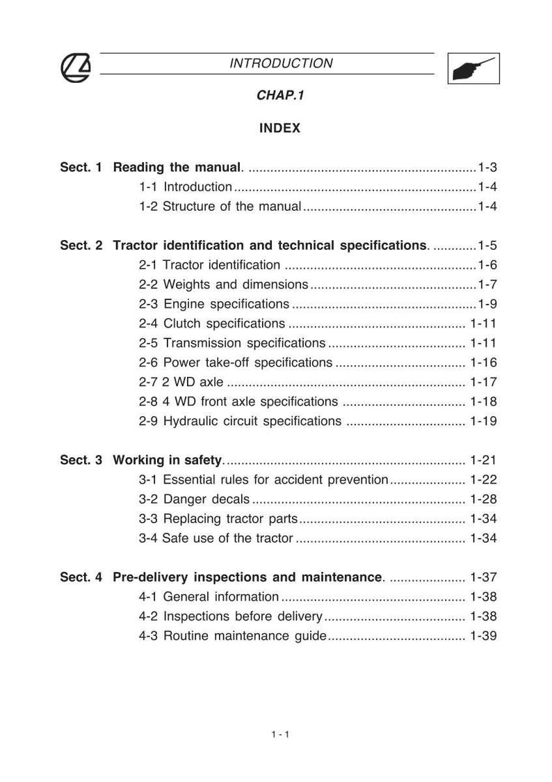 May include: A page from a manual with the title "INTRODUCTION" and "CHAP.1 INDEX". The table of contents includes sections on reading the manual, tractor identification, working in safety, and pre-delivery inspections.