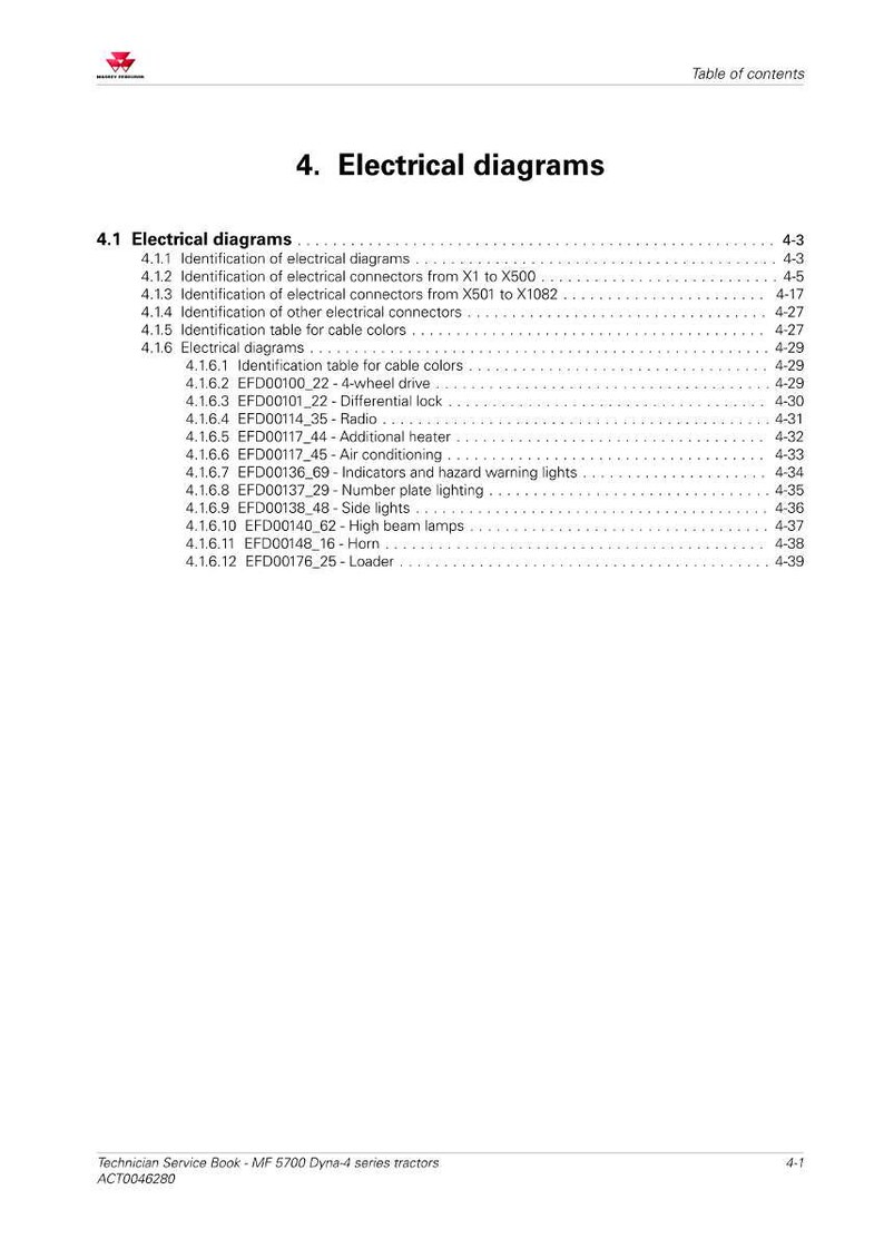 May include: Page from a technician's service book, detailing electrical diagrams for MF 5700 Dyna-4 series tractors. The table of contents lists various electrical components and their corresponding page numbers, such as radio, lights, and air conditioning.
