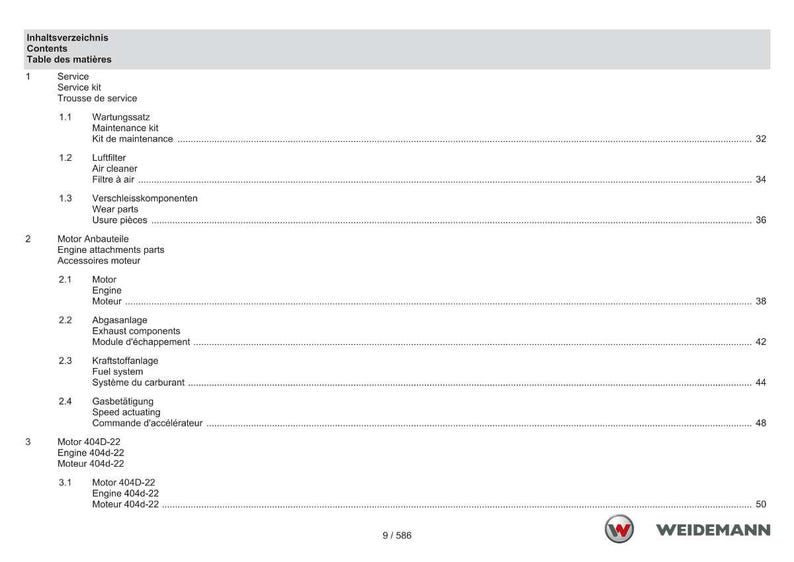 May include: A page from a manual with a table of contents in German, English, and French. The table lists service, engine components, and other parts. The Weidemann logo is in the bottom right corner.