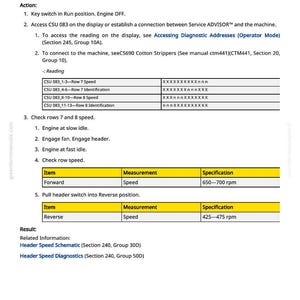 May include: A technical document titled "CSU 083 - Rows 7 and 8 Speeds" with instructions for machine operation. The document includes tables with measurements and specifications for speed, and also includes related information.