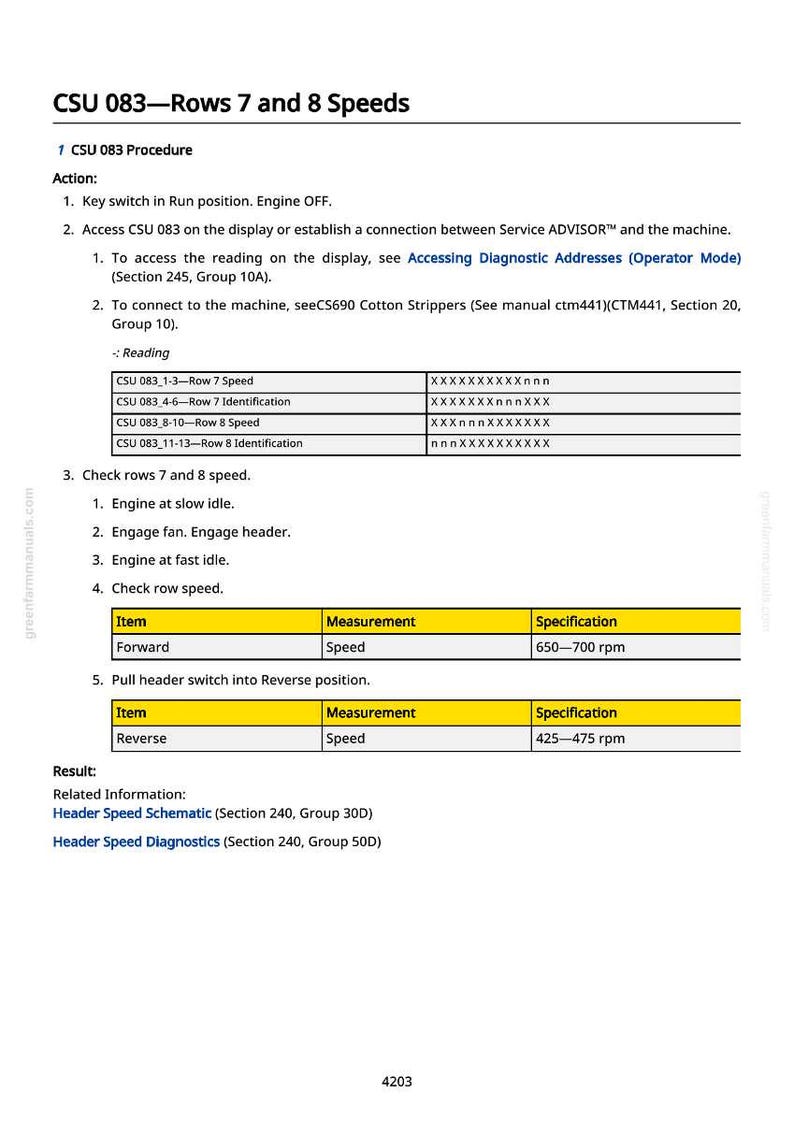May include: A technical document titled "CSU 083 - Rows 7 and 8 Speeds" with instructions for machine operation. The document includes tables with measurements and specifications for speed, and also includes related information.