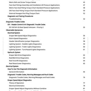 May include: A page from a manual with a table of contents. The text includes topics like "Diagnostic Trouble Codes", "Electrical System", and "Hydraulic Specifications". The page number is 3.