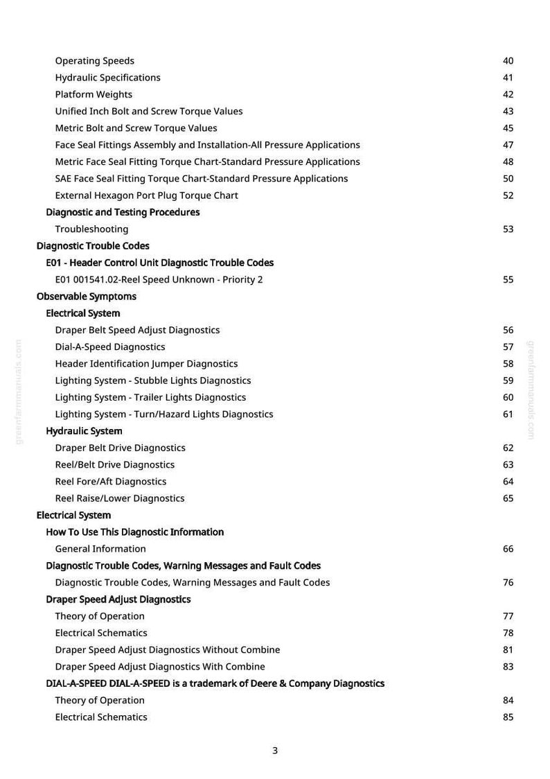 May include: A page from a manual with a table of contents. The text includes topics like "Diagnostic Trouble Codes", "Electrical System", and "Hydraulic Specifications". The page number is 3.
