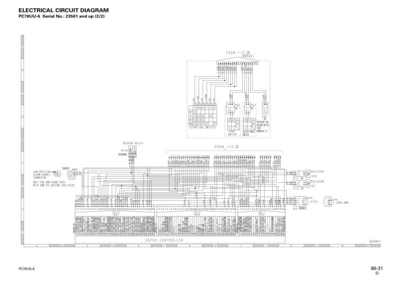 May include: An electrical circuit diagram for PC78UU-6, serial number 23501 and up. The diagram is a detailed schematic with numerous lines, symbols, and labels, presented in black and white.