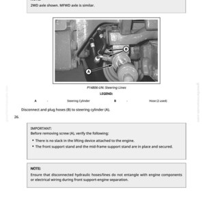 May include: Diagram showing steering lines with labels A and B, and the text "P14806-UN: Steering Lines." Instructions include attaching a lifting device, disconnecting hoses, and verifying engine components. The image is in monochrome.