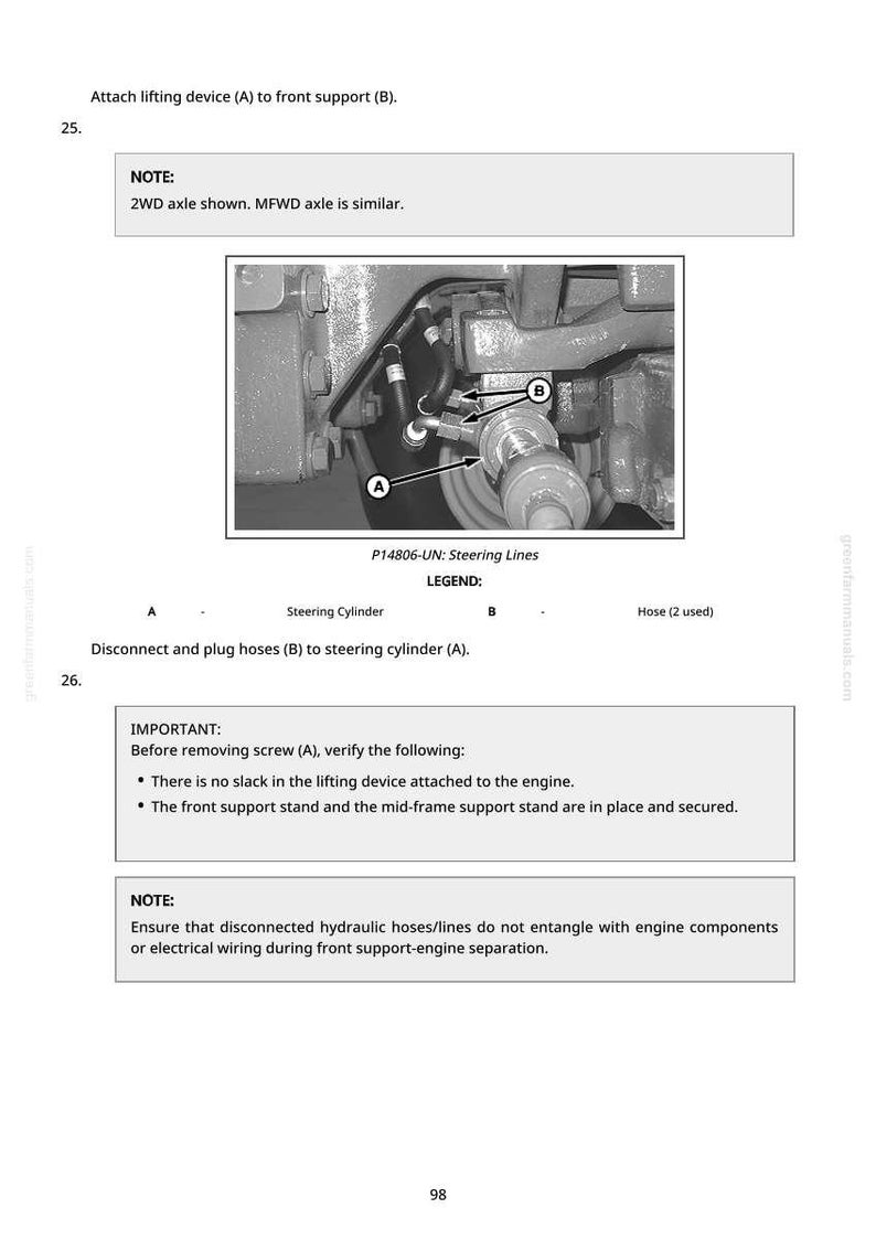 May include: Diagram showing steering lines with labels A and B, and the text "P14806-UN: Steering Lines." Instructions include attaching a lifting device, disconnecting hoses, and verifying engine components. The image is in monochrome.