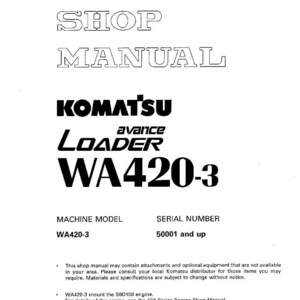 May include: A white shop manual cover with the text "SHOP MANUAL" in a bold, outlined font. Below, the Komatsu logo and "WA420-3" are prominently displayed. The cover includes model and serial number information.
