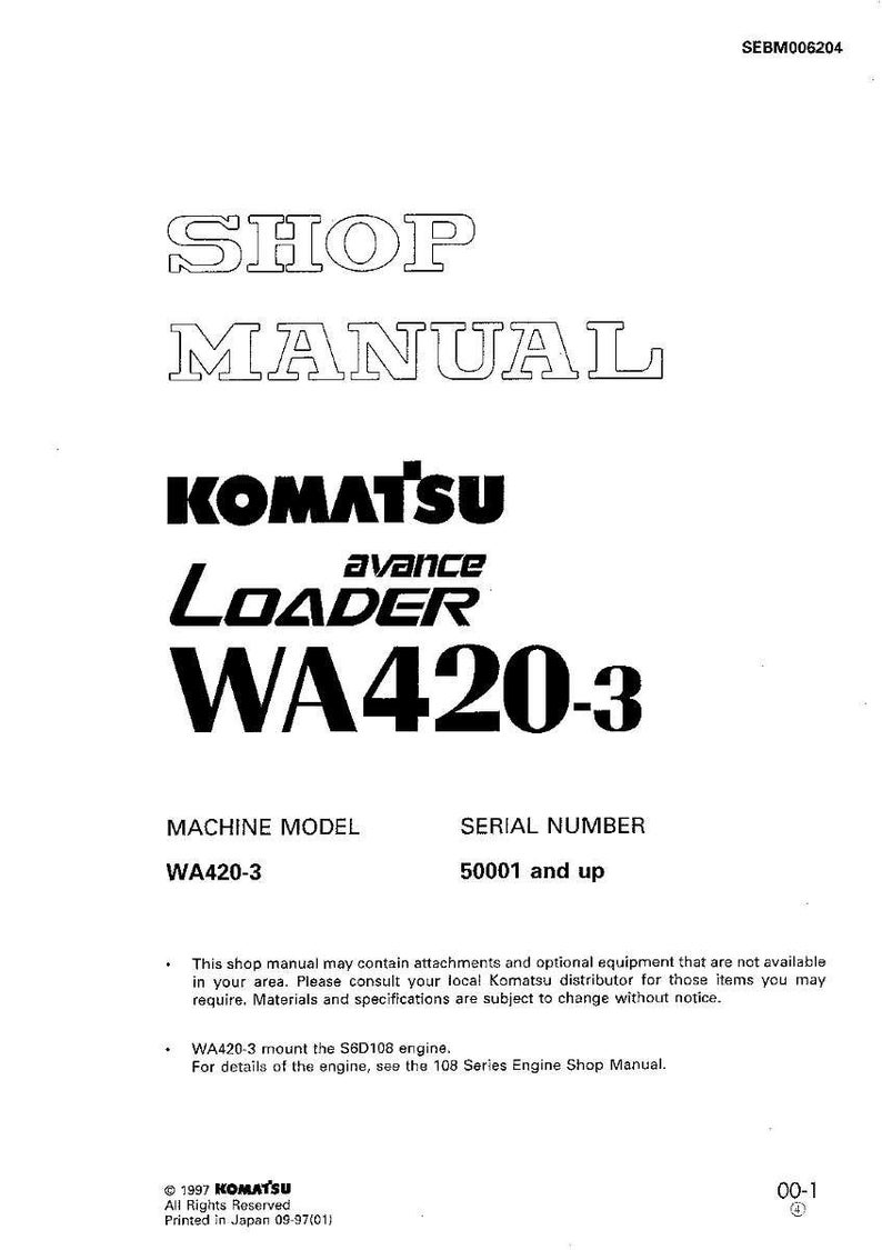 May include: A white shop manual cover with the text "SHOP MANUAL" in a bold, outlined font. Below, the Komatsu logo and "WA420-3" are prominently displayed. The cover includes model and serial number information.
