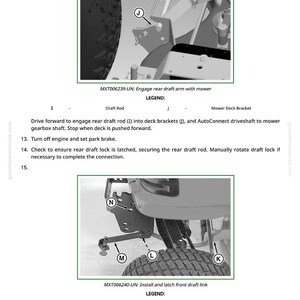 May include: Diagram illustrating the installation of a mower's rear draft arm and front draft link. The image provides detailed views of the mower's parts, with labels and instructions for engaging the draft arm and installing the front draft link. Text includes "Engage rear draft arm with mower" and "Install and latch front draft link."