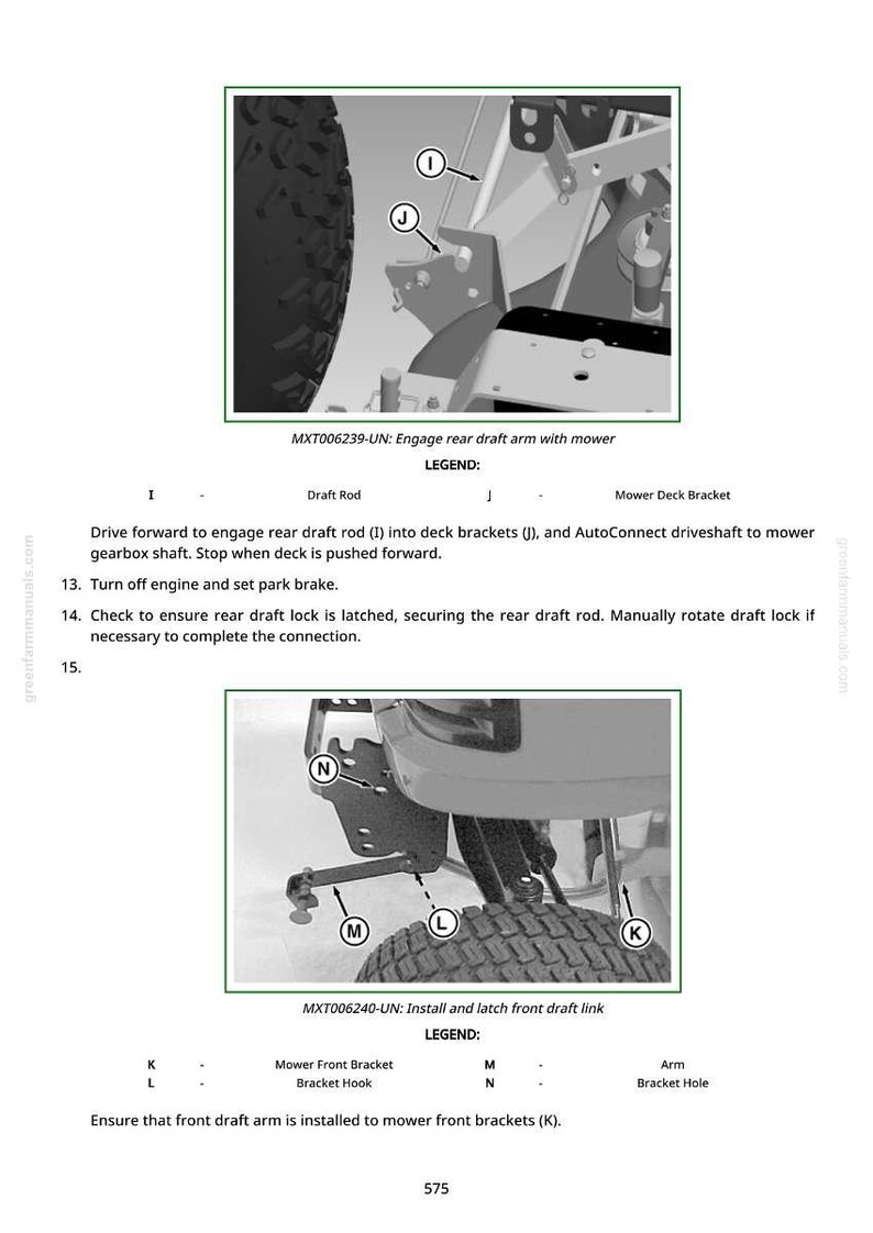May include: Diagram illustrating the installation of a mower's rear draft arm and front draft link. The image provides detailed views of the mower's parts, with labels and instructions for engaging the draft arm and installing the front draft link. Text includes "Engage rear draft arm with mower" and "Install and latch front draft link."