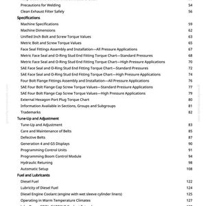 May include: A manual page featuring a detailed table of contents. Sections cover safety, specifications, tune-up, and fuel. Page numbers are displayed on the right-hand side of the page.